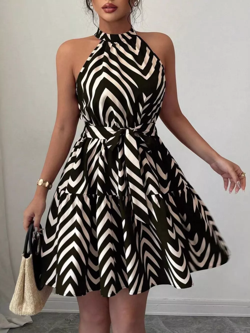 Zebra Print Halter Neck Tie Waist Ruffle Hem Dress, image 2