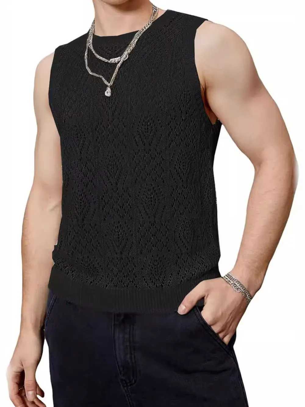 Men's Openwork Round Neck Tank, image 5