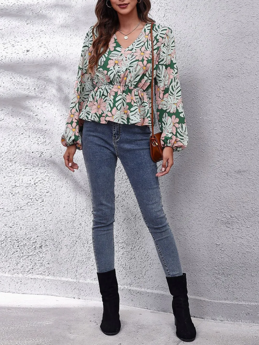 Floral V-Neck Balloon Sleeve Blouse, image 3