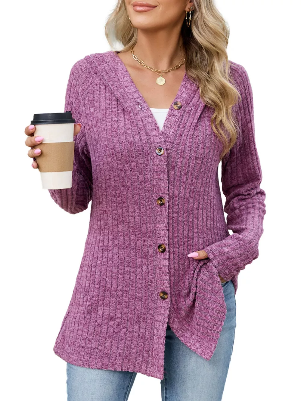 Ribbed Knit Hooded Button-Down Cardigan, image 3