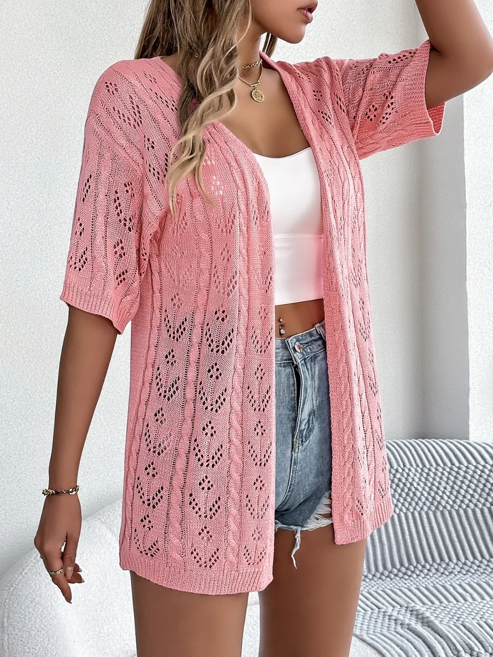 Openwork Open Front Half Sleeve Cardigan, image 5