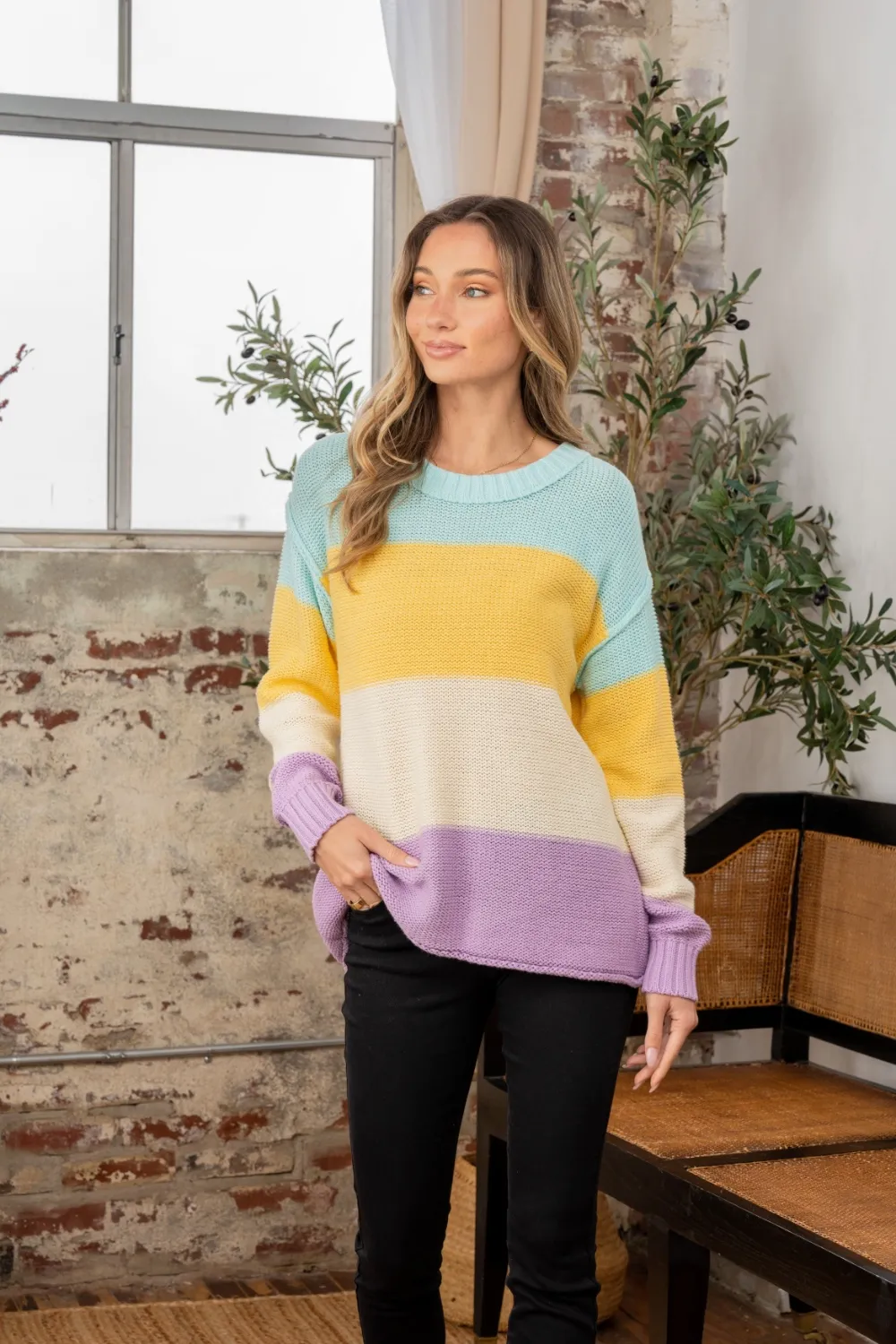 Full Size Color Block Exposed Seam Sweater, image 4
