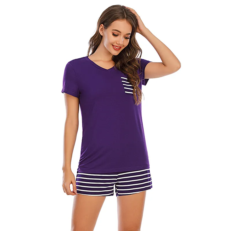 Striped Short Sleeve Top and Shorts Lounge Set, image 2