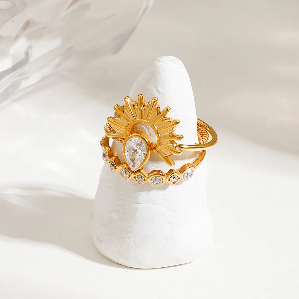3 Piece Stainless Steel Rhinestone Sunburst Crown Ring, image 3