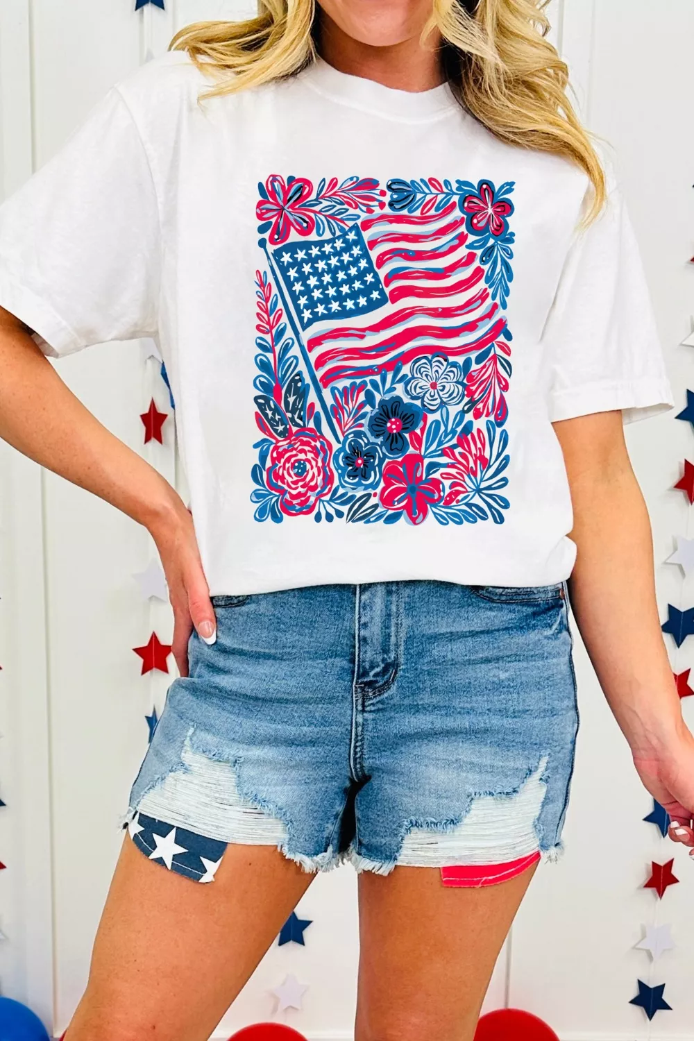 Floral Flag Aesthetics Patriotic Graphic T Shirt, image 5