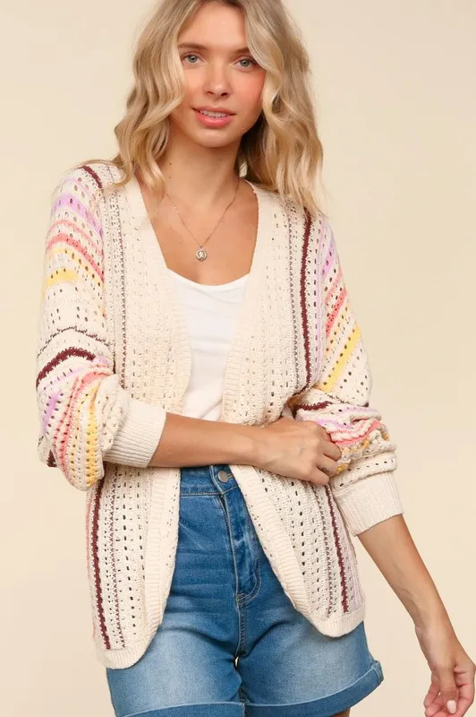 Full Size Striped Crochet Open Front Cardigan, image 5