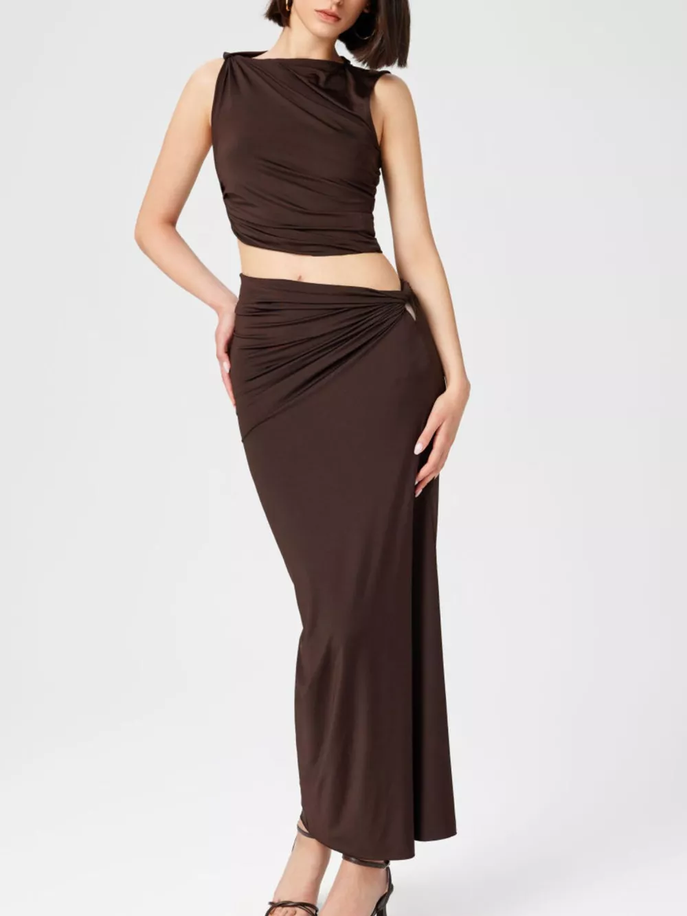 Asymmetrical Ruched Knit Top and Skirt Set, image 2