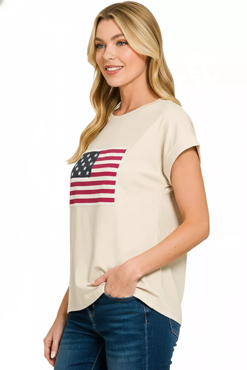 Full Size US Flag Round Neck Short Sleeve T-Shirt Plus Size, image 2