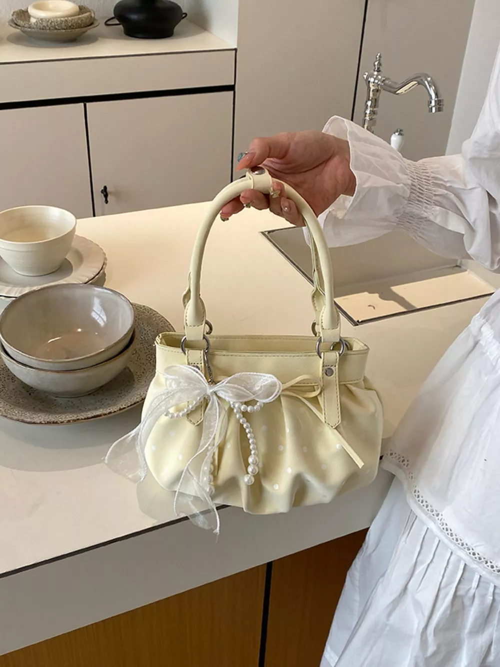 Ruched PU Leather Handbag, image 7