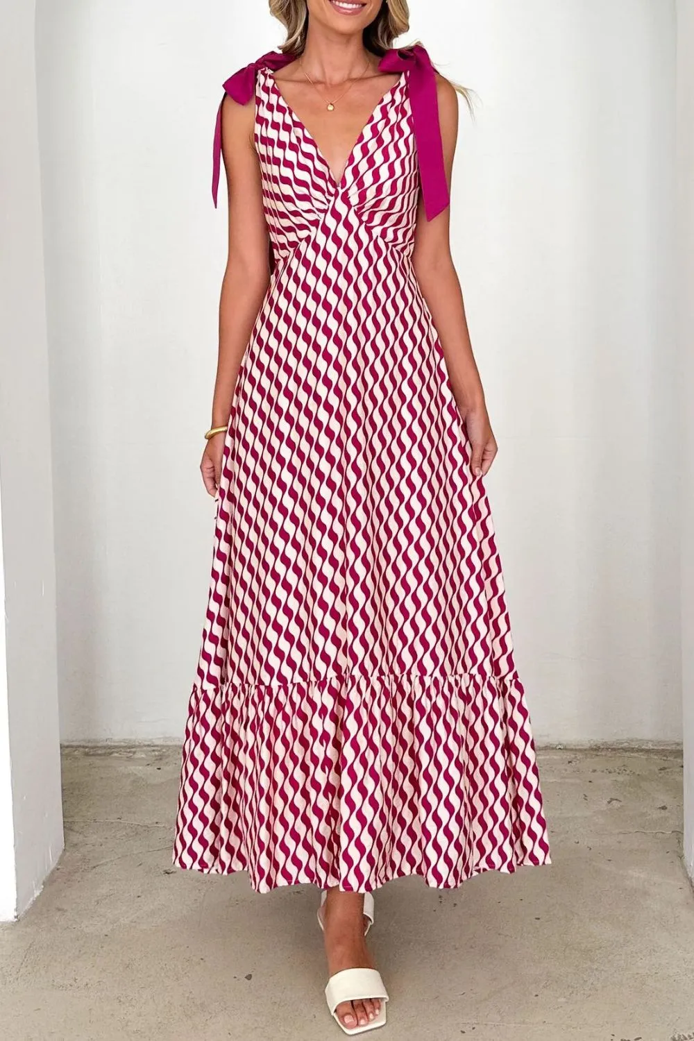 Printed V-Neck Tie Shoulder Midi Cami Dress, image 3