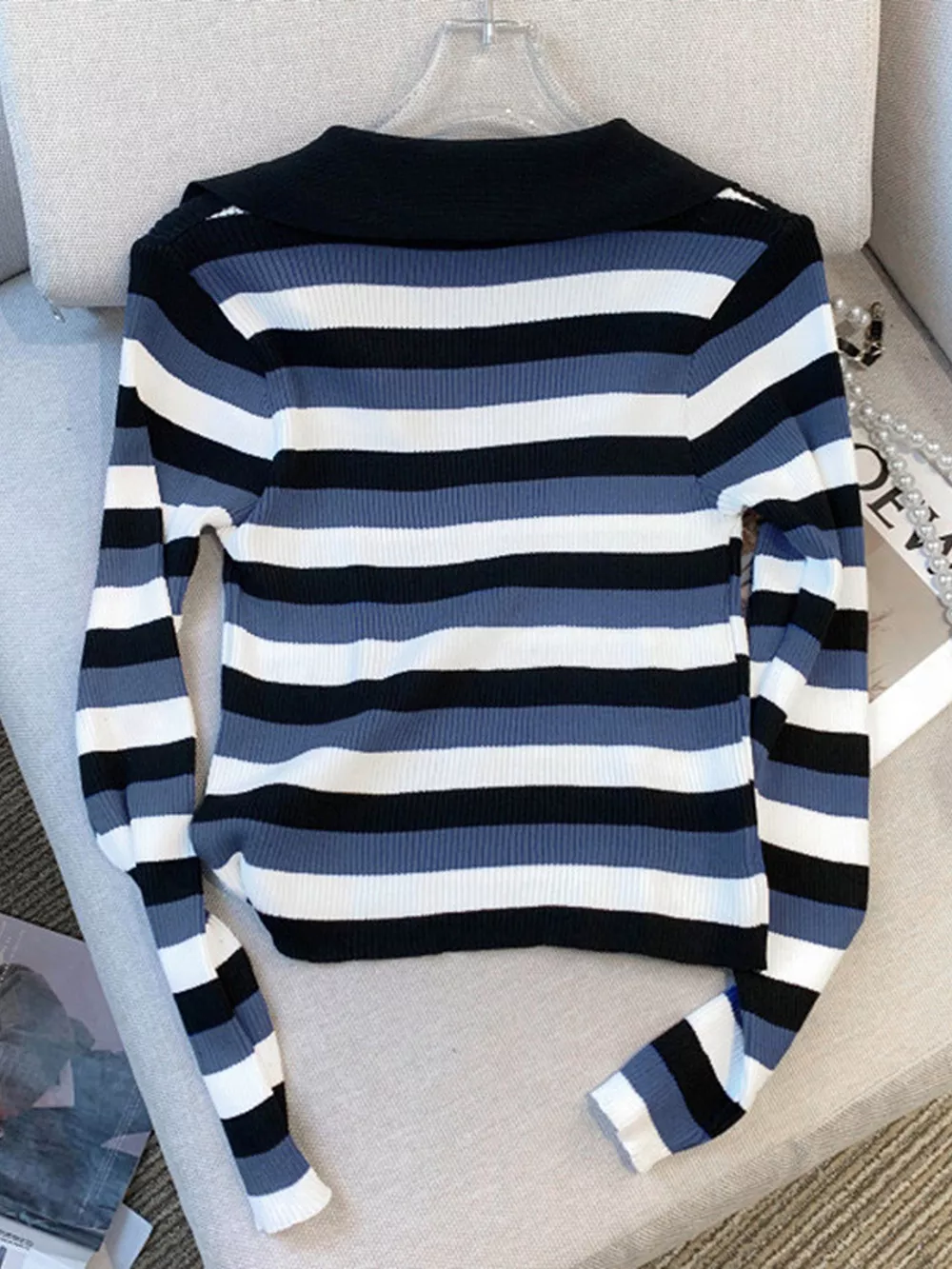 Striped Collared Cropped Knit Top, image 10