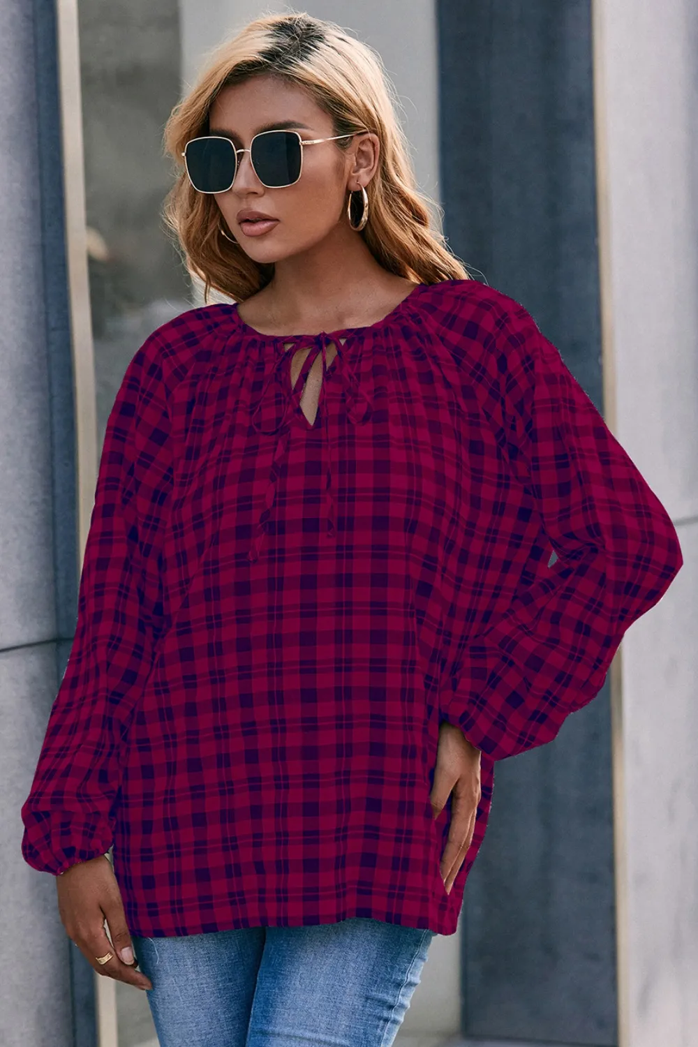 Plaid Tie Neck Balloon Sleeve Blouse, image 7