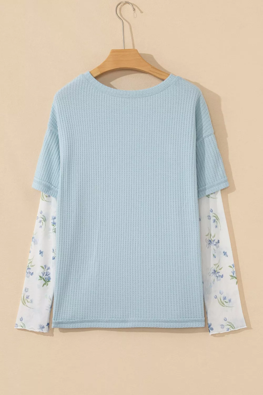 Floral Lace Sleeve Patchwork Waffle Fake Two-Piece Top, image 4