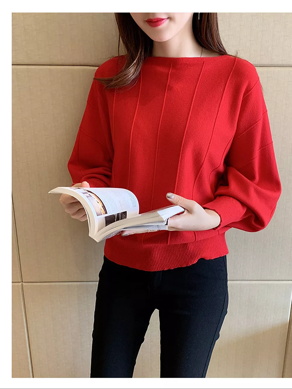 Ribbed Hem Batwing Sleeve Knit Top, image 13