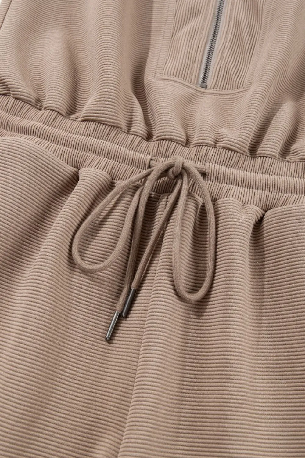 Textured Short Sleeve Half Zip Drawstring Waist Romper, image 4
