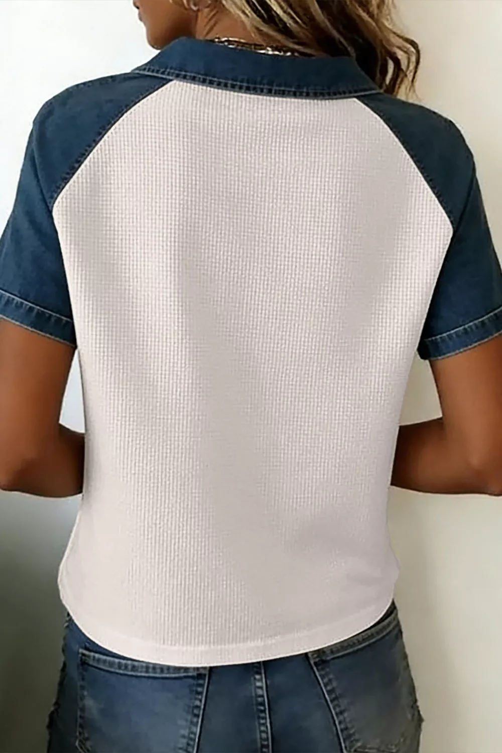 Textured Color Block Denim Patchwork Polo Collar Tee, image 4
