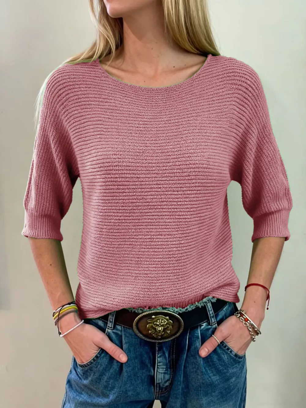Full Size Ribbed Knit Round Neck Sweater Plus Size, image 6