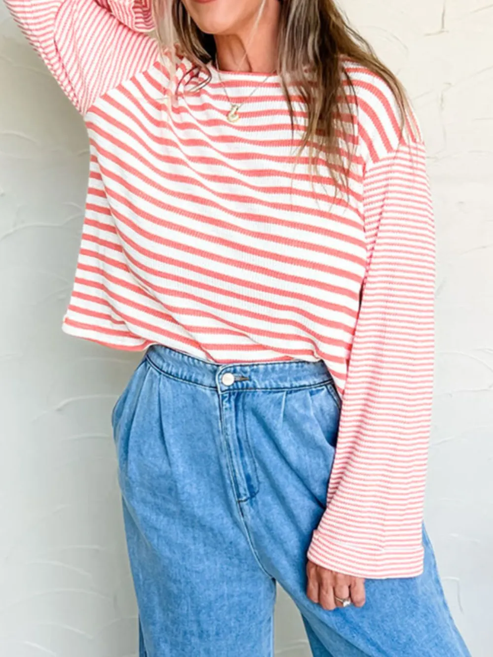Striped Long Sleeve Ribbed Blouse, image 3