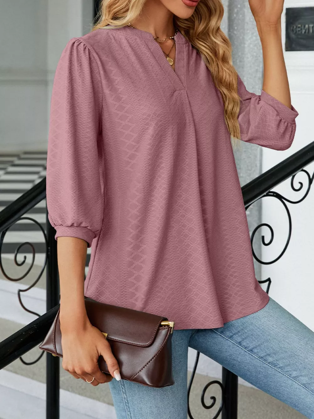 Notched 3/4 Sleeve Casual Top, image 9