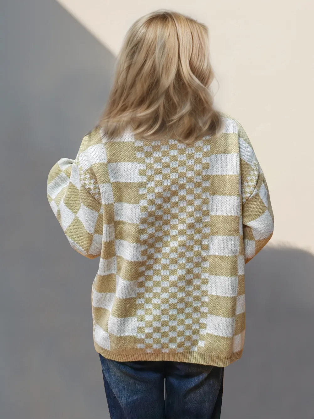 Checkered Open Front Dropped Shoulder Cardigan, image 3