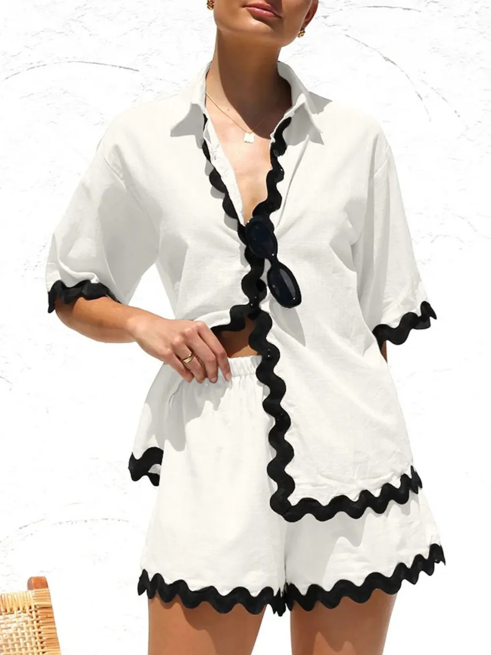 Contrast Trim Half Sleeve Top and Shorts Set, image 3