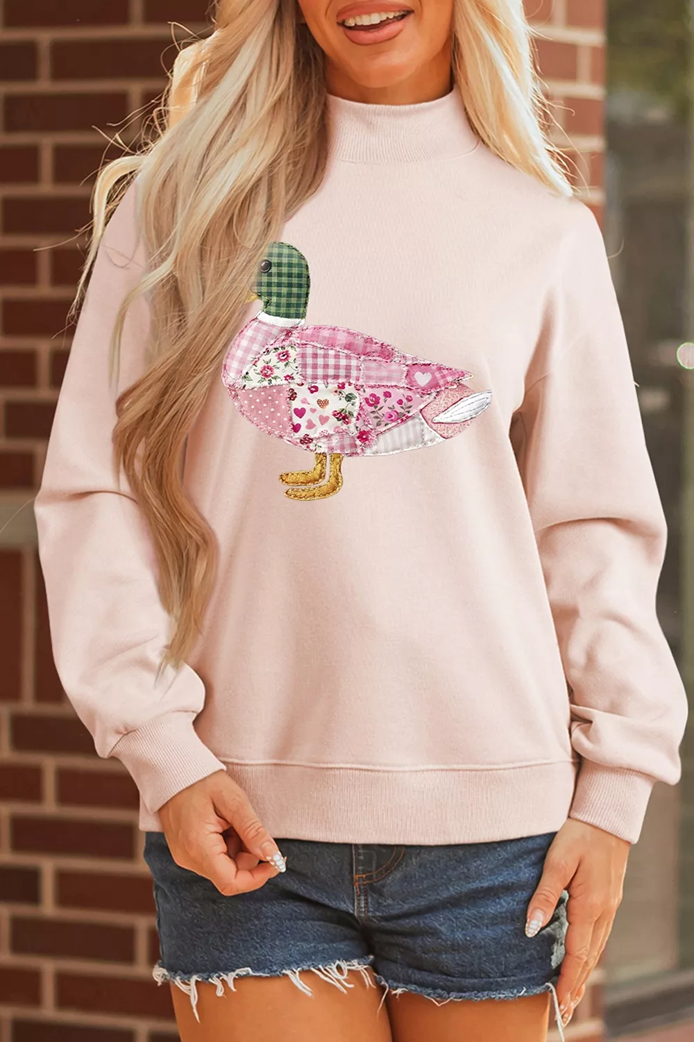 Patchwork Mallard Printed Graphic Mock Neck Pullover Sweatshirt, image 2