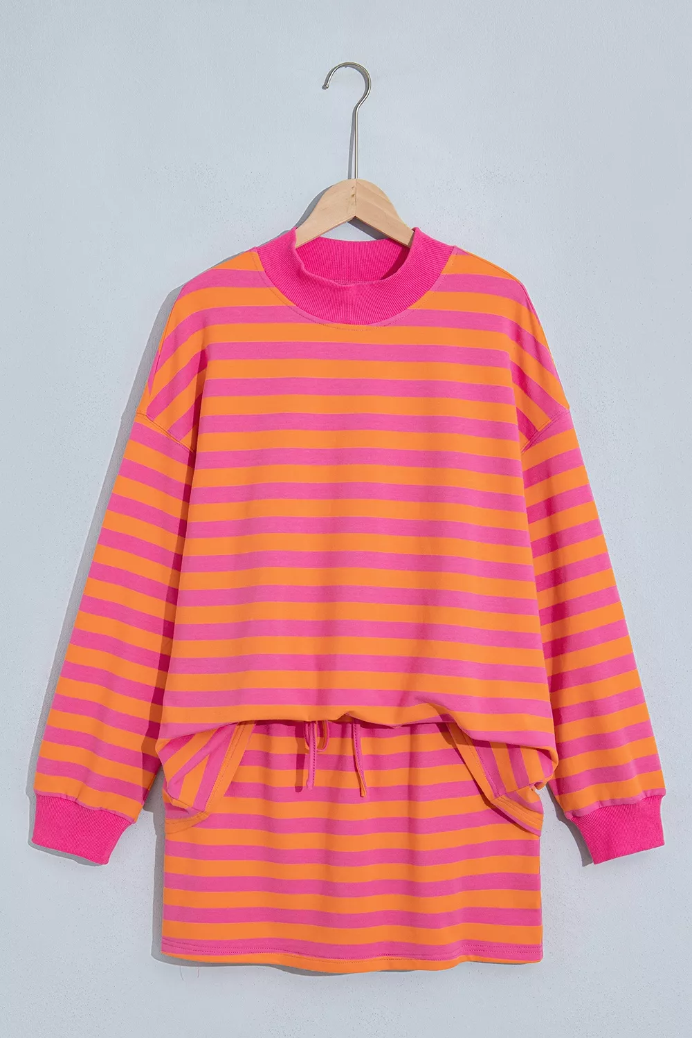 Stripe Color Block Patchwork Mock Neck Pullover Drawstring Mini Skort Set, image 3