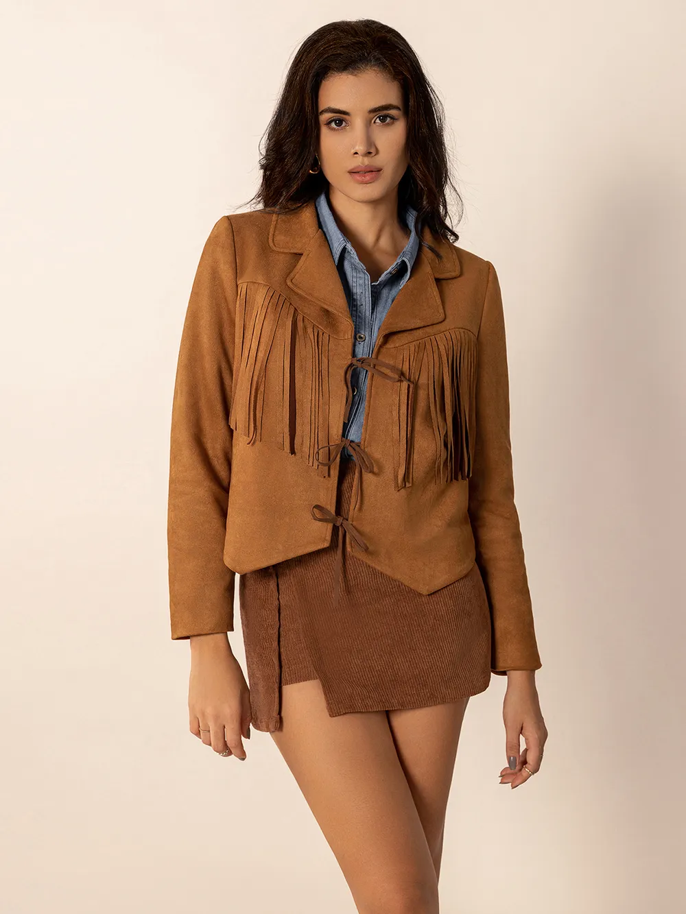 Tied Tassel Collared Neck Long Sleeve Jacket, image 3