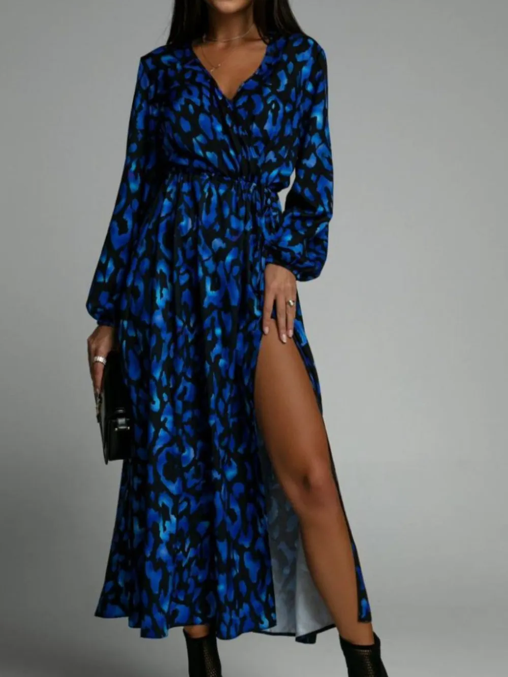 Printed Surplice Long Sleeve Midi Dress