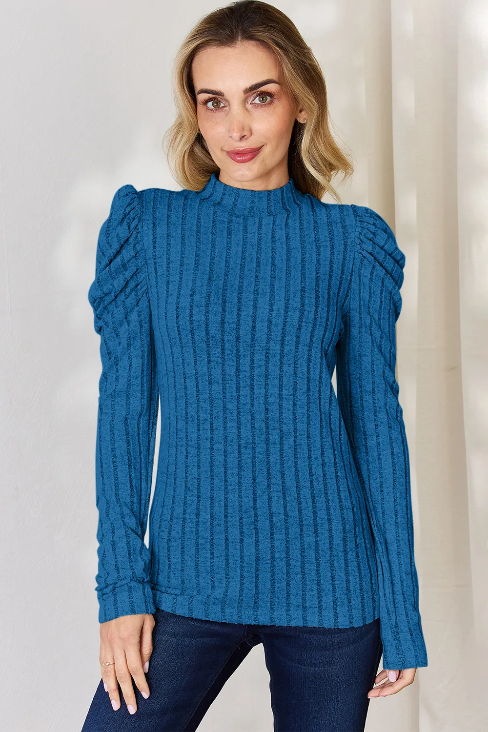 Full Size Ribbed Mock Neck Puff Sleeve T-Shirt, image 3