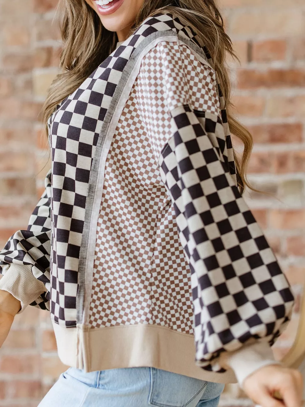 Mixed Checkered Pattern Patchwork High Low Casual Top, image 2