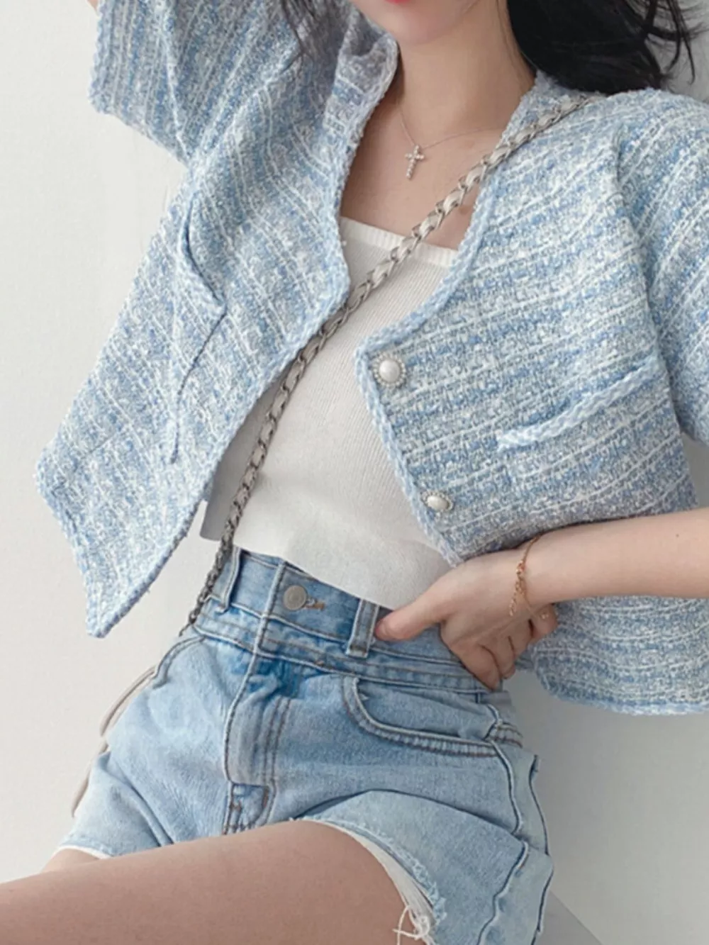 Pearl Button Short Sleeve Tweed Outerwear, image 4