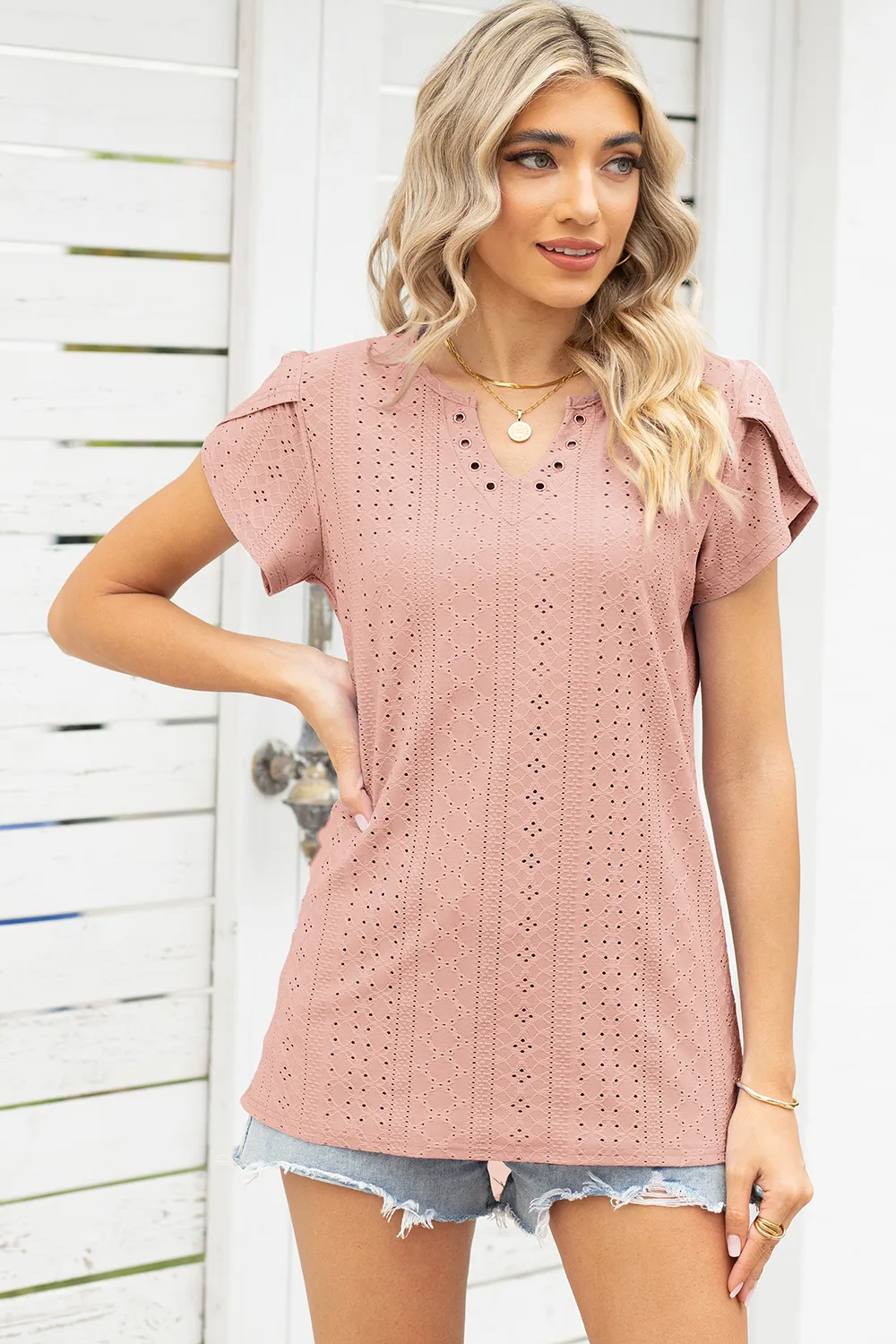 Eyelet Notched Petal Sleeve Blouse, image 10