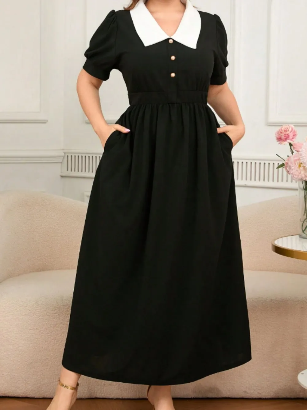 Plus Size Contrast Collar Short Sleeve Dress, image 3