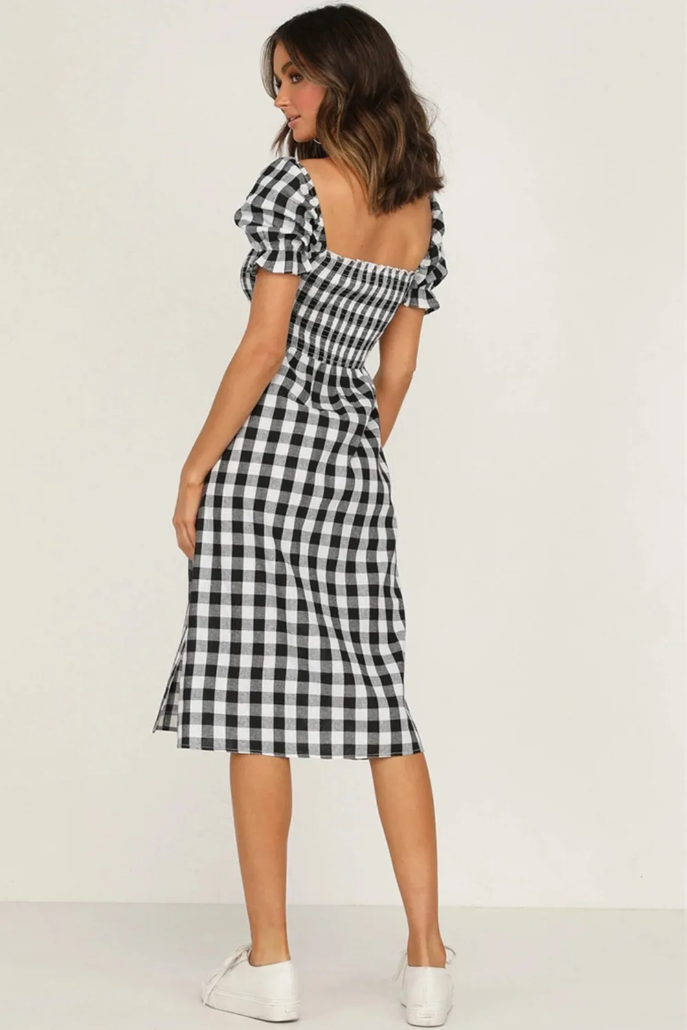 Full Size Slit Plaid Short Sleeve Midi Dress, image 2