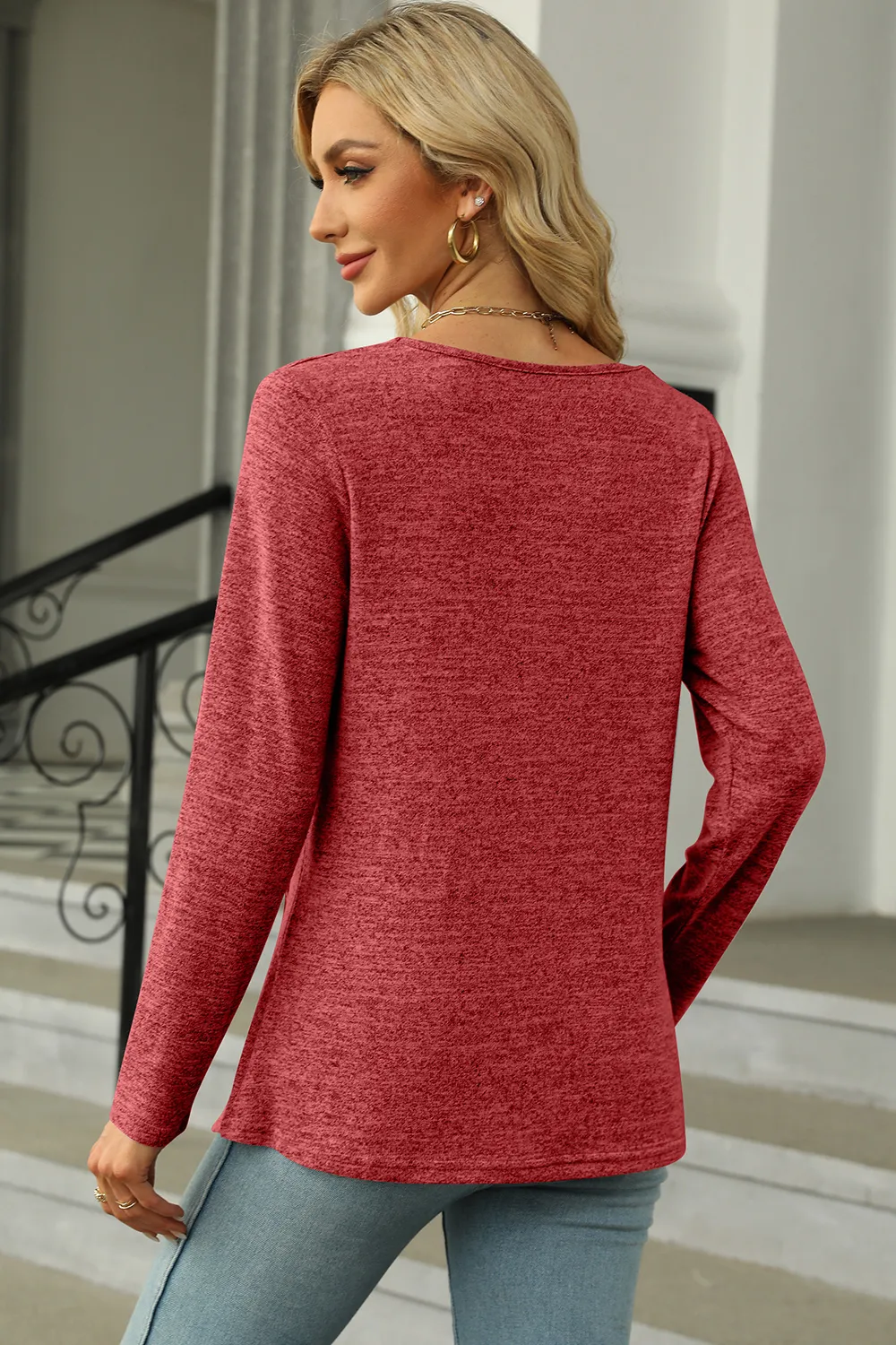 Slit Decorative Button Square Neck T-Shirt, image 3