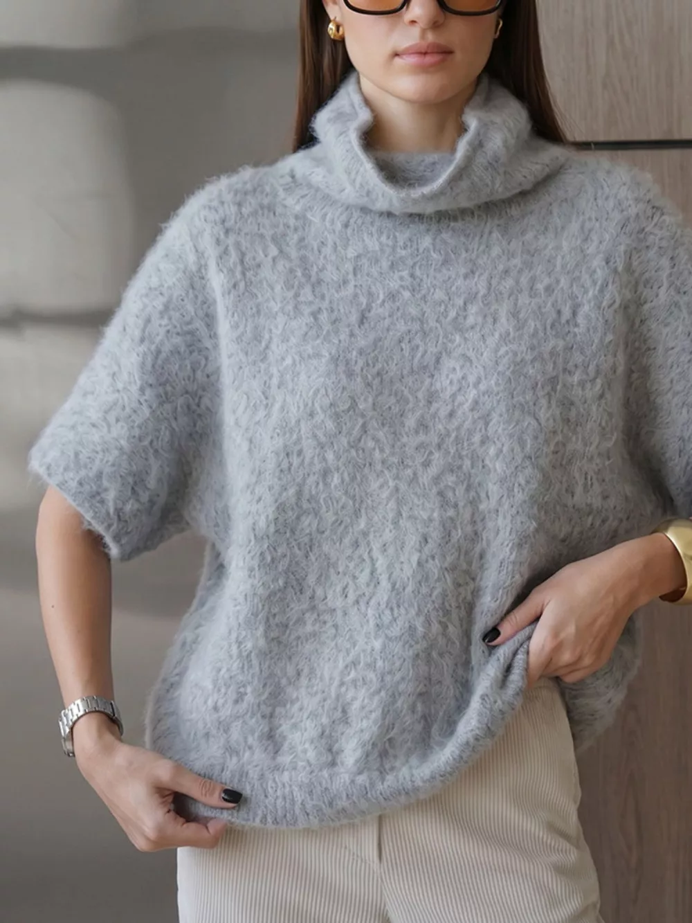 Turtleneck Fuzzy Short Sleeve Sweater, image 15