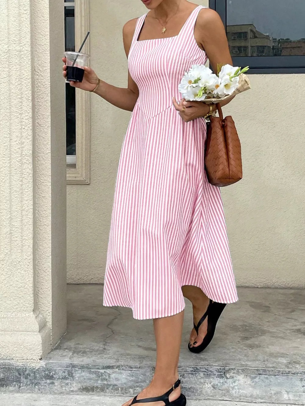 Striped Square Neck Midi Dress, image 3
