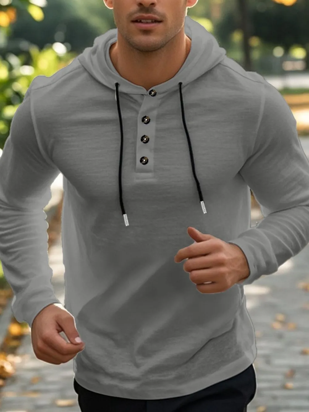 Men's Full Size Drawstring Button Detail Long Sleeve Hoodie Plus Size, image 9