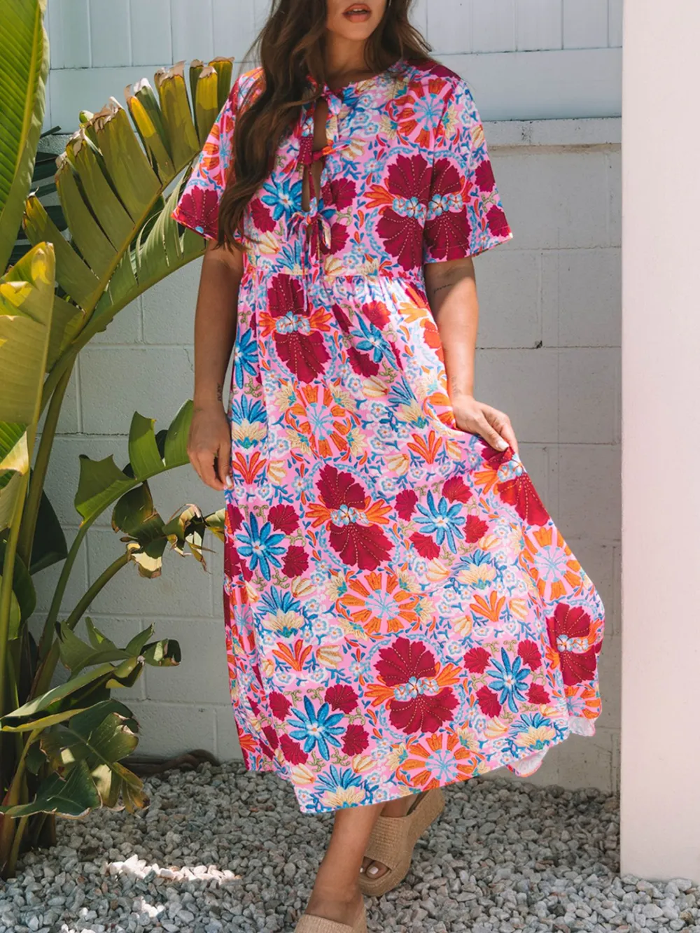 Floral Print Tie Front Midi Dress, image 3