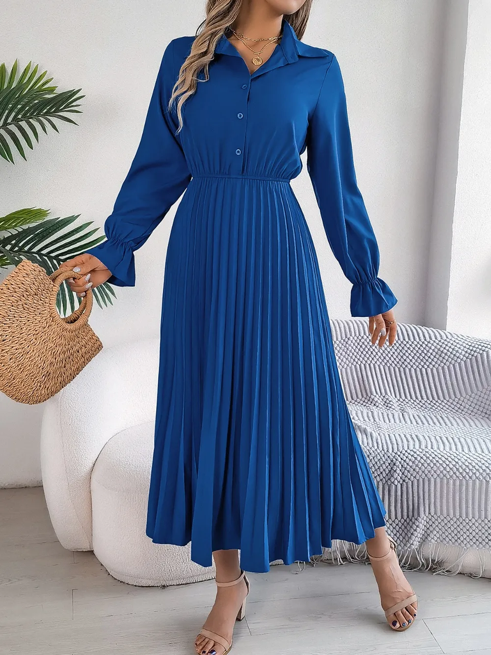 Pleated Half Button Long Sleeve Midi Dress, image 5