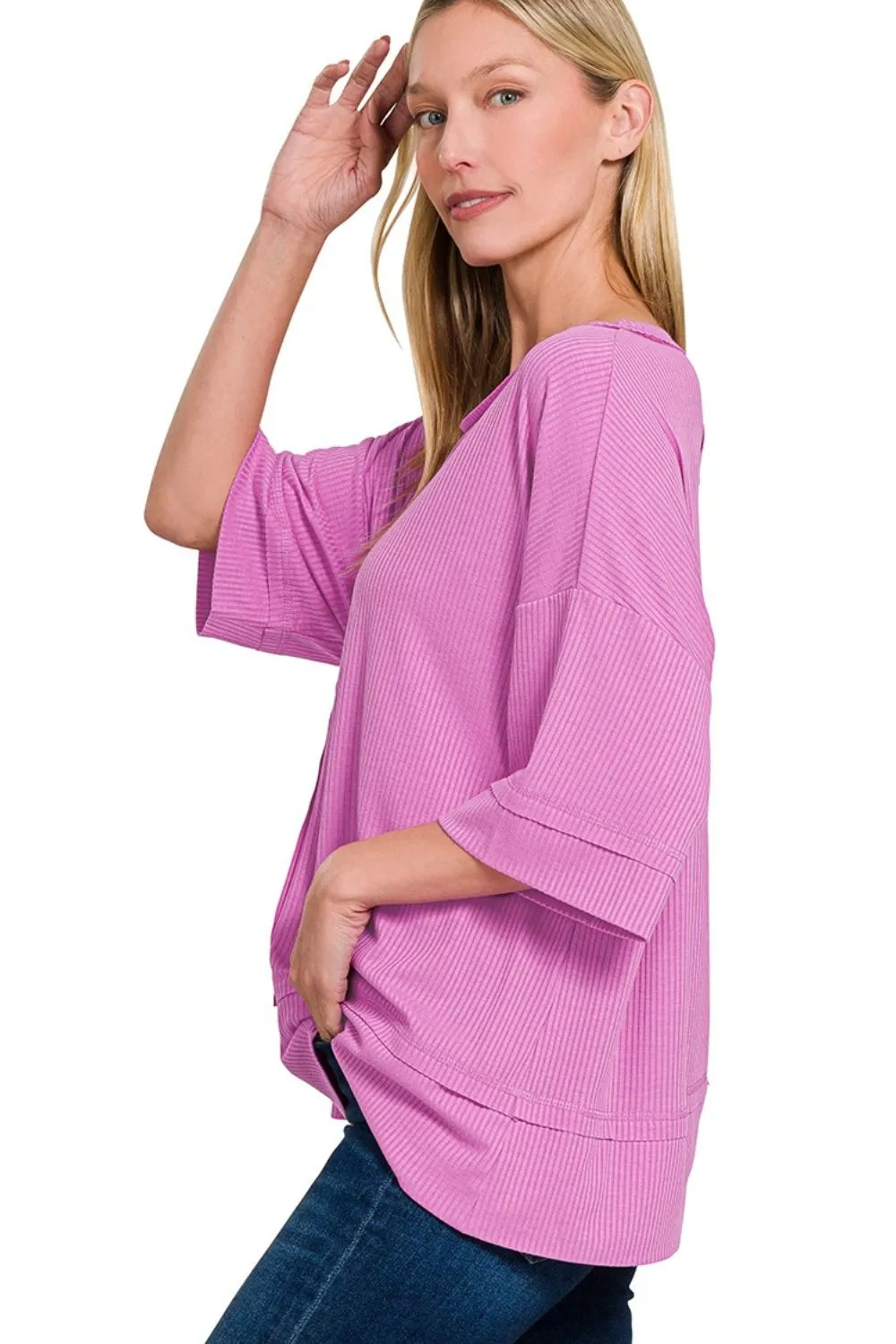 Ribbed Boat Neck 3/4 Sleeve Top, image 2