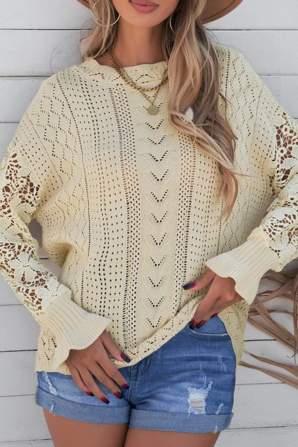 Openwork Round Neck Long Sleeve Sweater, image 4