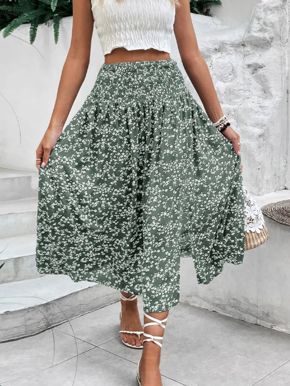 Slit Smocked Printed Skirt, image 2