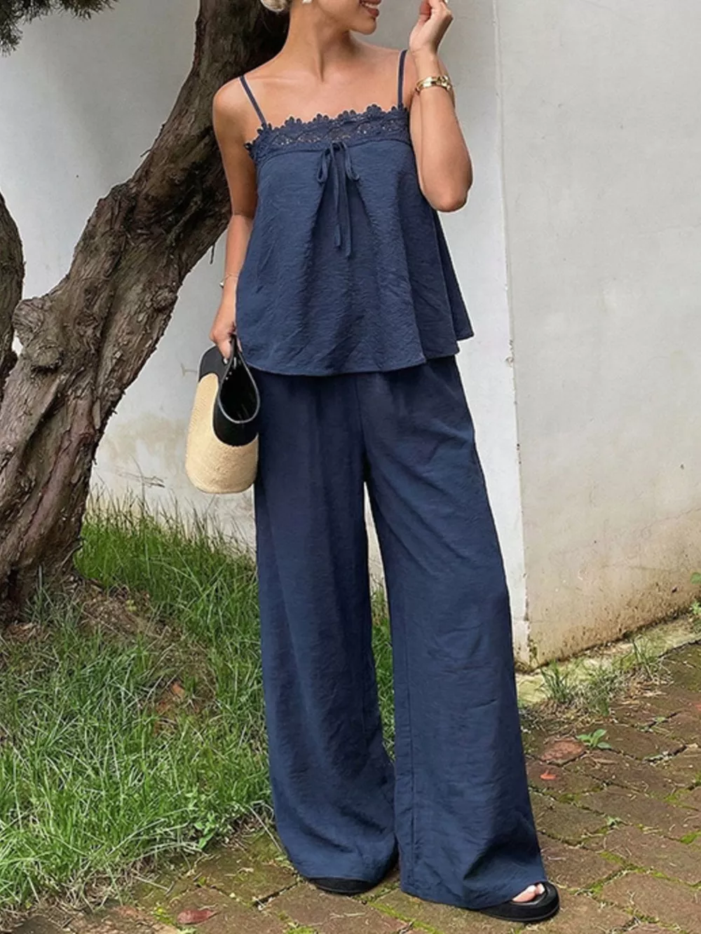 Lace Trim Cami and Wide-Leg Pants Set, image 2