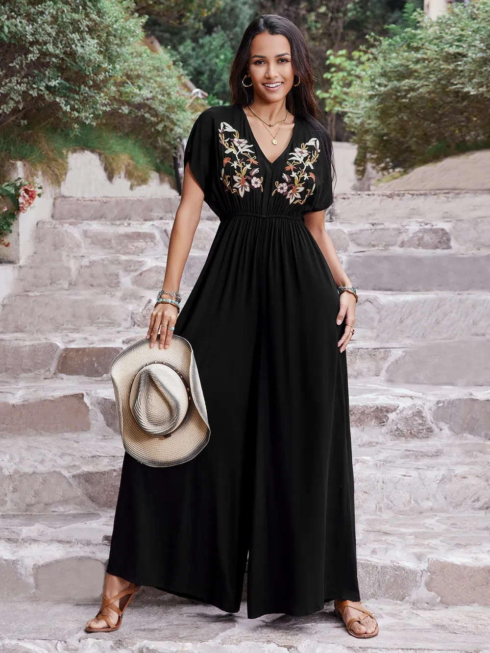 Embroidered Ruched Short Sleeve Jumpsuit, image 2