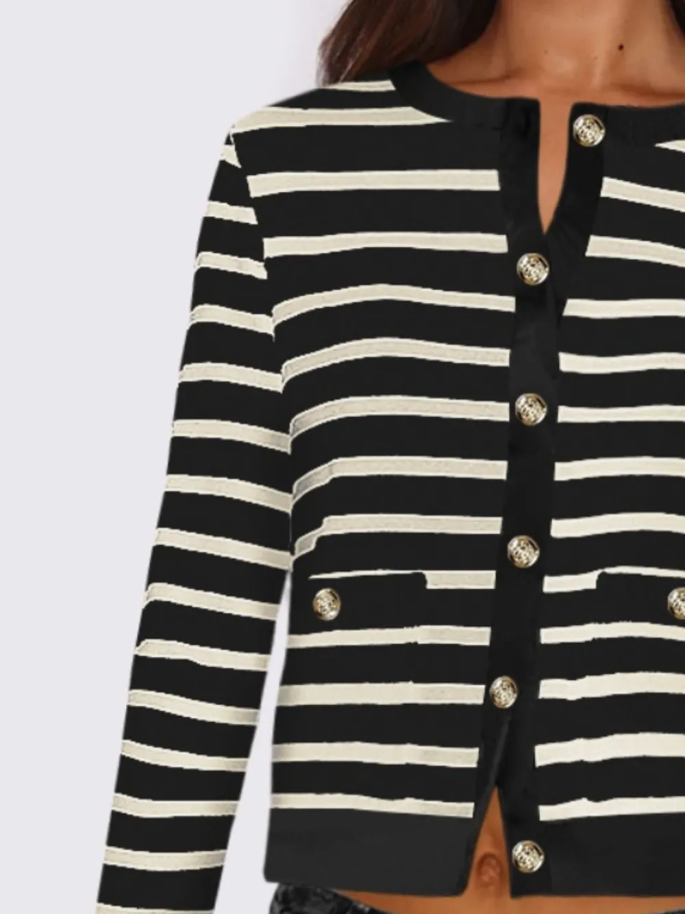 Striped Round Neck Button Up Long Sleeve Cardigan, image 7
