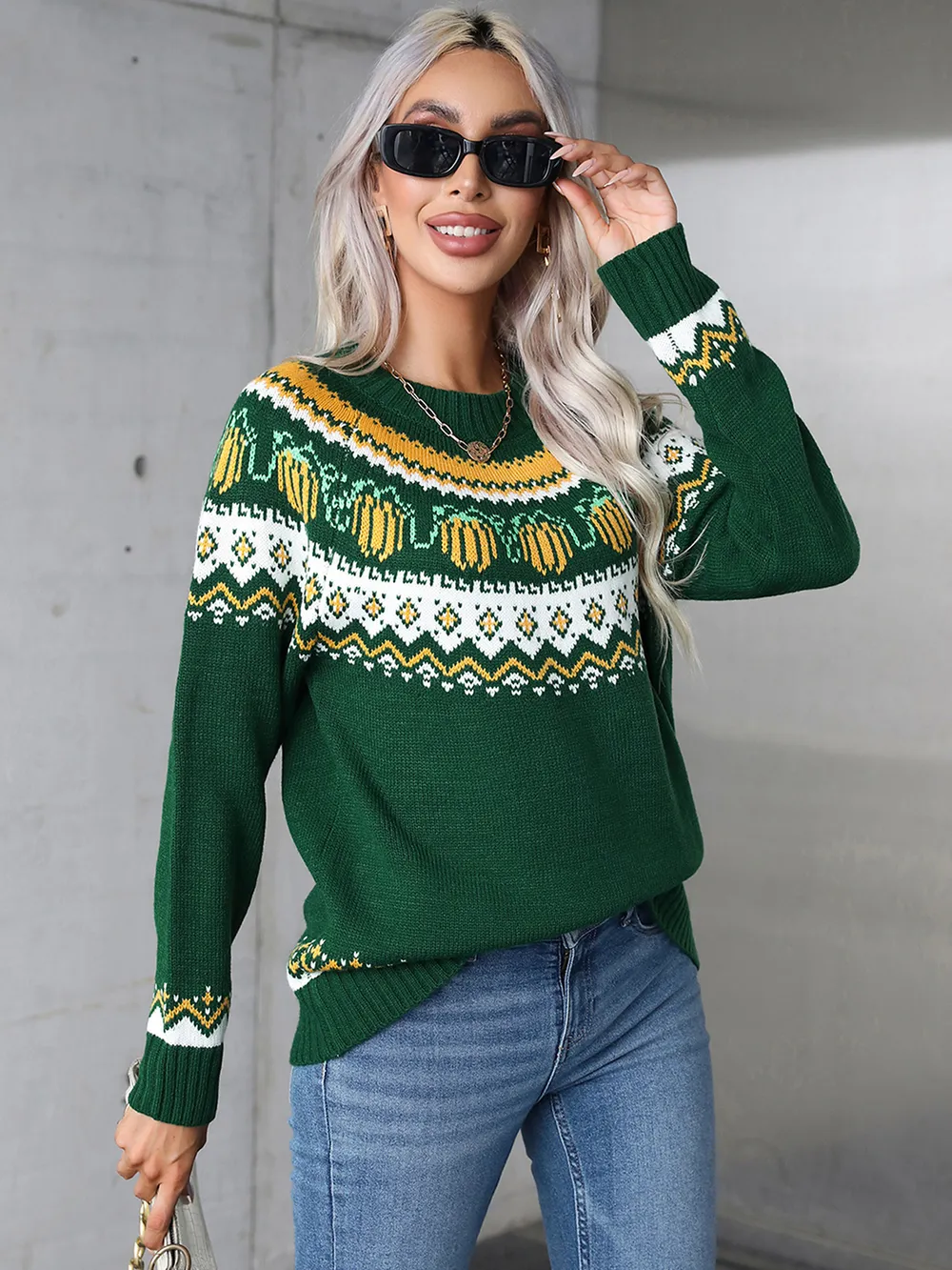 Geometric Round Neck Long Sleeve Sweater, image 8