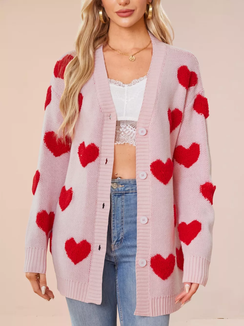 Heart Pattern Knit Button-Up Cardigan, image 6