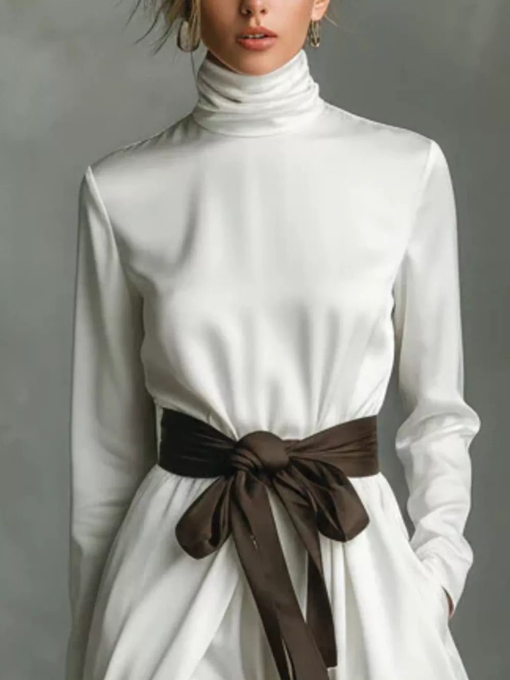 Turtleneck Tie Waist Midi Dress, image 2
